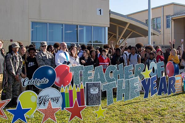 Teacher of the Year, Dr. Zele received a special welcome from his students at Azalea Middle School to celebrate his win. 